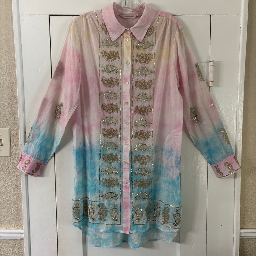 Soft Surroundings Pastel Tie Dye Embroidered w/Paisley Gold Sequins